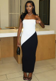 Black White Splicing Strapless Maxi Tube Dress