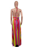 Halter Striped Plunge Printed Maxi Dress