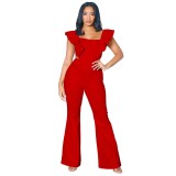 Ladies Solid Ruffle Square Neck Flare Jumpsuit