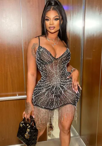 Solid See Through Mesh Rhinestone Tassel Mini Club Dress