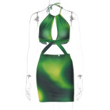 Green Printed Halter Cutout Sleeveless Bodycon Dress