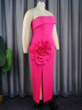 Hot Pink Strapless 3D Flower Long Slit Dress