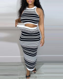 Fashion Crop Tank Top and Long Skirt Striped 2PCS Set