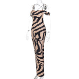 Trendy Printed Slim Dress Off Shoulder Low Back Straps Maxi Dress