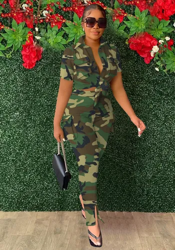 Camo Print Casual Cargo 2PCS Pants Set