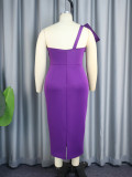 Purple Sleeveless One Shoulder Slit Back Midi Party Dress