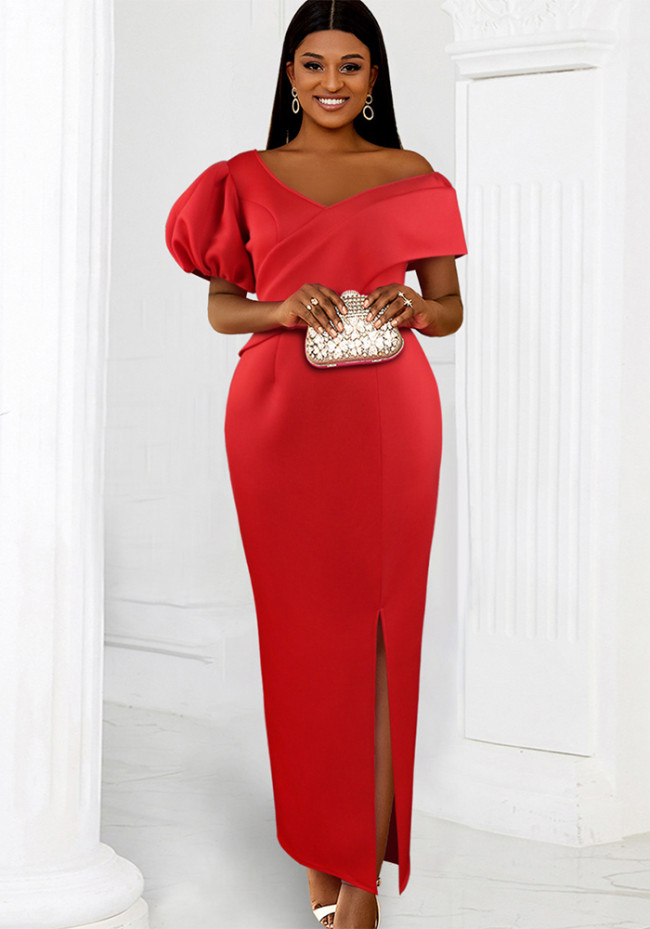 Red V-neck Asymmetric Slit Long Party Dress