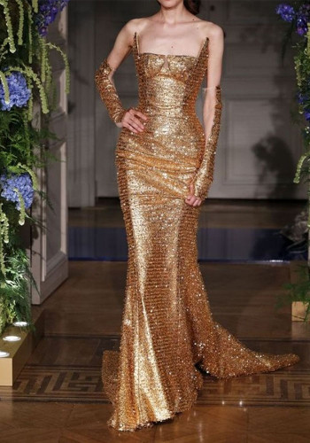 Sexy Golden Off Shoulder Straps Bodycon Sequin Evening Dress