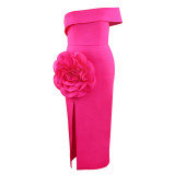 Hot Pink Strapless 3D Flower Long Slit Dress