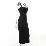 Solid Straps Lace Trim Slim Chic Long Dress for Women