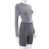 Women's Contrast Tight Long Sleeve Top and Shorts 2PCS Set