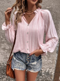 Womens V Neck Pink Ruffle Long Sleeve Shirt