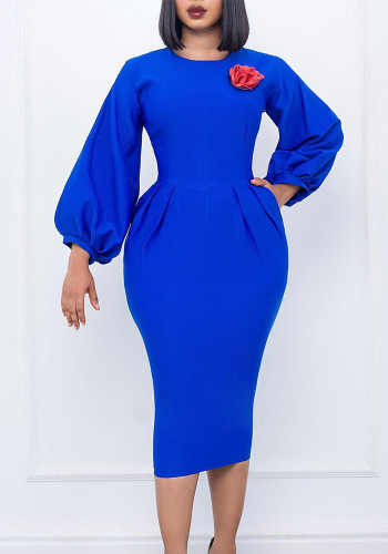 Solid Puff Sleeve Chic Bodycon Dress with Brooch