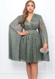 Belted V-Neck Chic Cape Sleeve Slim Waist Party Dress
