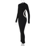 Black Contrast Slim Waist Long Sleeve Bodycon Maxi Dress
