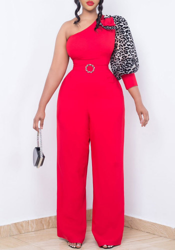 Belted Leopard Patchwork Slash Shoulder Sexy Wide Leg Jumpsuit