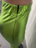 Sexy Bodycon Green Slit PU Leather Long Skirt