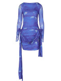Print Blue Long Sleeve Tie Dye Ruched Bodycon Dress