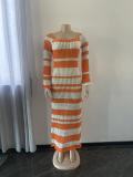 Knitting Hollow Out Long Sleeve Square Neck Striped Maxi Dress