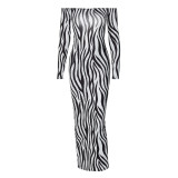 Fashion Zebra Print Sexy Backless Off Shoulder Slim Long Sleeve Midi Dress