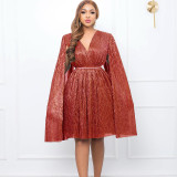 Belted V-Neck Chic Cape Sleeve Slim Waist Party Dress