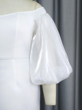White Off Shoulder Sexy Balloon Sleeve Plus Size Midi Dress