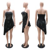Trendy Strapless Rhinestone Irregular Club Dress