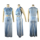 Fake Denim Print Sleeveless Cropped Shirt Long Skirt Set 2PCS Set