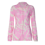 Printed Pink Button Up Mesh Slim Waist Fitted Shirt