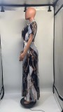 Short Sleeve Fashion Print Tie Neck Pleated Plus Size Maxi Dress