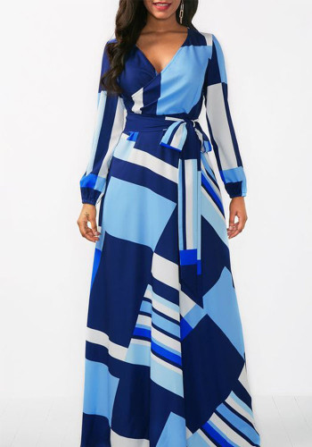 Plus Size V-Neck Long Sleeve Print Maxi Dress
