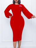 Solid Puff Sleeve Chic Bodycon Dress with Brooch