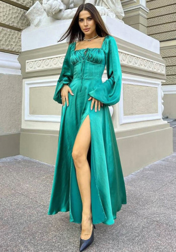 Sexy Long Sleeve Satin Off Shoulder Slit Tie Front Maxi Dress