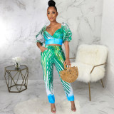 Sexy Puff Sleeve Printing Crop Top Two Pieces Pants Set