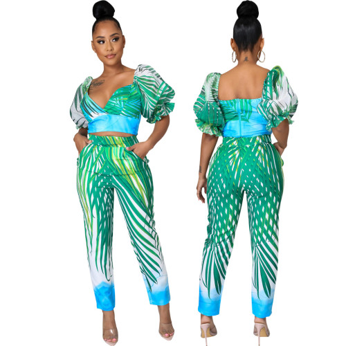 Sexy Puff Sleeve Printing Crop Top Two Pieces Pants Set
