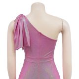 Women's Bowknot One Shoulder Slit Evening Dress