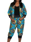 Print Plus Size Fashion Casual 2PCS Jacket and Cropped Trackpants Set