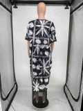 Fashion Print V-neck Tassel Loose Short Sleeve African Dress