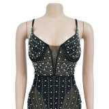 Solid Beaded Mesh Sleeveless Cami Club Dress