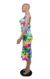 Print Floral Sleeveless Straps Mermaid Midi Dress