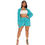Striped Sexy Pleated Printed Shirt Top and Shorts 2PCS Set(without bandeau top)