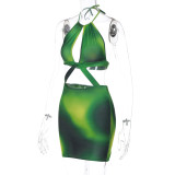 Green Printed Halter Cutout Sleeveless Bodycon Dress
