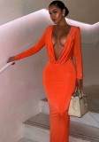 Solid Plunge Long Sleeves Hooded Bodycon Maxi Dress