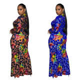 Vintage Print Plunge Neck Stretch Bodycon Maxi Dress