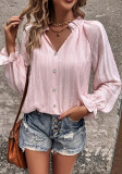 Womens V Neck Pink Ruffle Long Sleeve Shirt