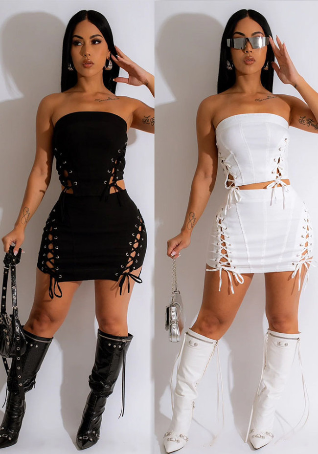 Solid Lace-Up Strapless Crop Top Zipper Mini Skirt 2PCS Set