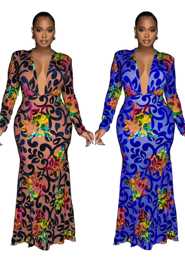 Vintage Print Plunge Neck Stretch Bodycon Maxi Dress