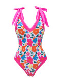 Floral Print Tie Shoulder One Piece Swimsuit for Women