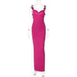 Hot Pink Fall Sexy Backless Straps Maxi Dress