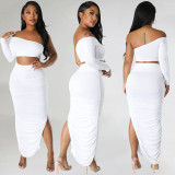 One Shoulder Long Sleeve Crop Top Sexy Tight Ruched Irregular 2PCS Skirt Set